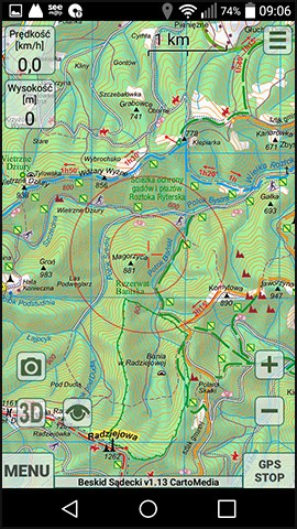 KaMAP ekran główny z mapą Cartomedia - Beskid Sądecki