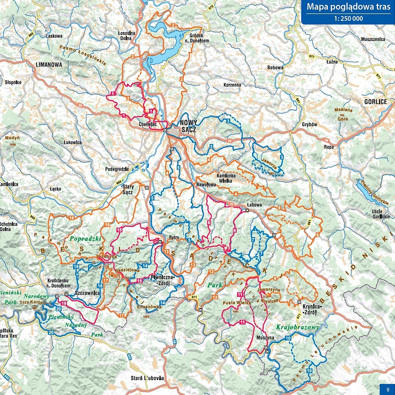 mapa tras rowerowych w Beskidzie Sądeckim - Nowy Sącz - przewodnik rowerowy mapa tras rowerowych w Beskidzie Sądeckim